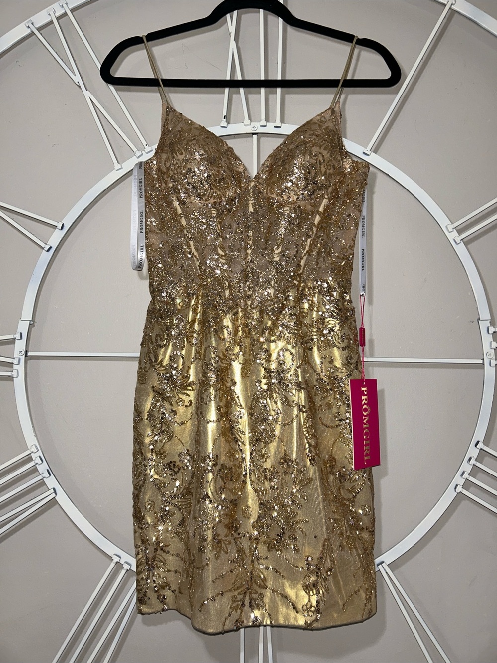 NWT PromGirl Gold Sequin V-Neck Spaghetti Strap Fit & Flare Dress